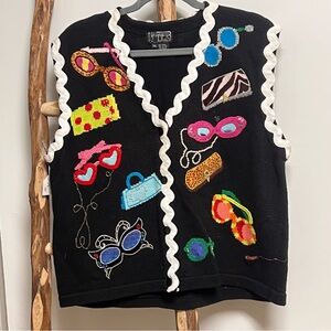 Berek Black Knit Vest with Colorful Embroidered Sunglasses Appliqué Design XL